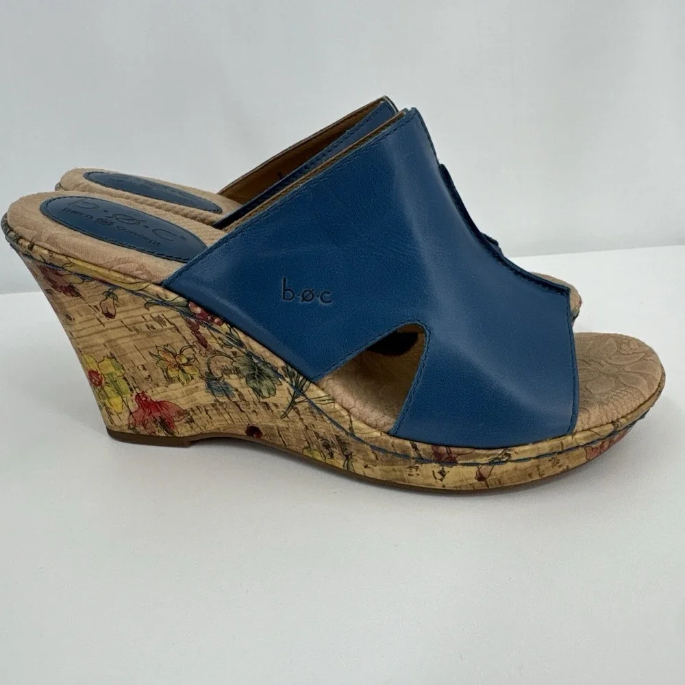 Born Casaba C34104 Blue Leather Floral Slip Womens Cork Wedge - Size 8M - Picture 11 of 11